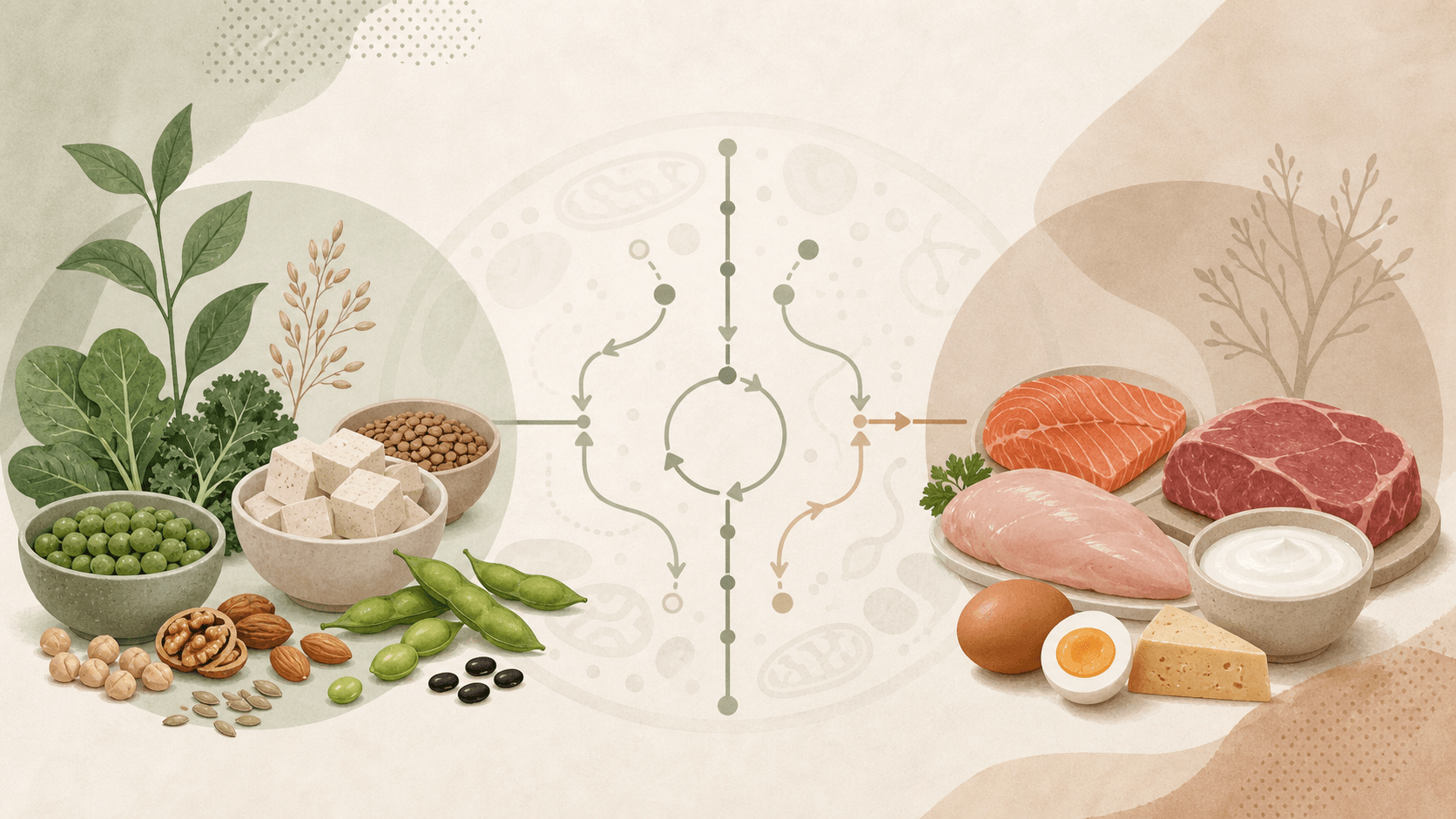 식물성 단백질 식품과 동물성 단백질 식품을 중립적인 대사 경로로 연결한 연구 일러스트